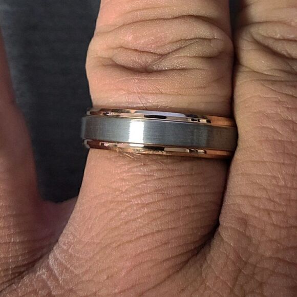 Engraved Men's Real Rose Gold Tungsten Wedding Ring 14 Rose Gold Brushed Steel - Picture 2 of 8
